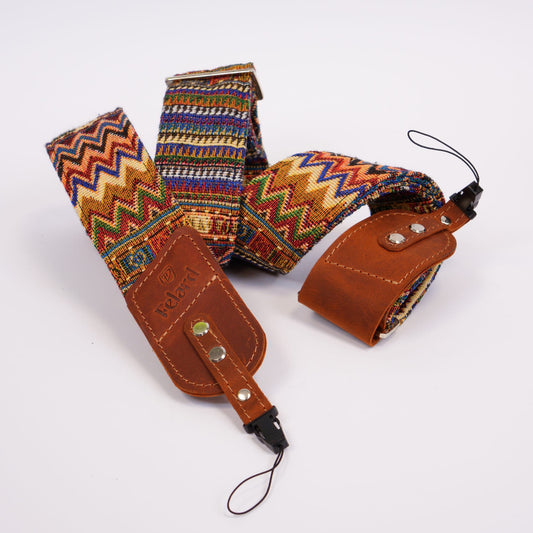 Bright fabric and leather camera strap by Felard