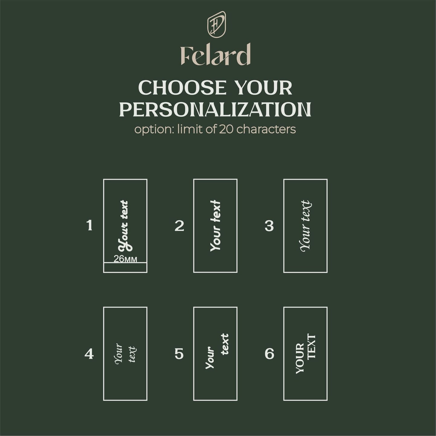 A dark green customization graphic for Fclard showing six labeled text boxes (1 through 6) with placeholder text and the message 'CHOOSE YOUR PERSONALIZATION option: limit of 20 characters'.