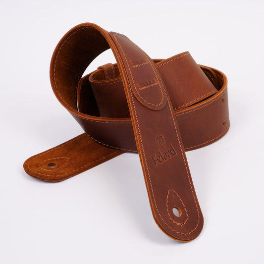 Brown matte leather guitar strap for acoustic, electric and bass guitars
