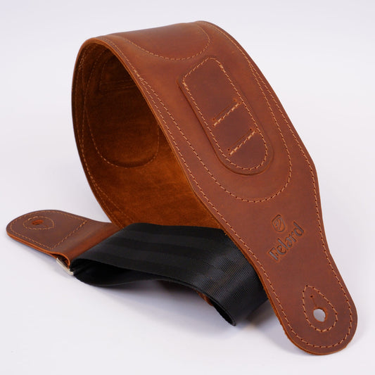 Wide brown matte leather guitar strap for electric and bass guitars