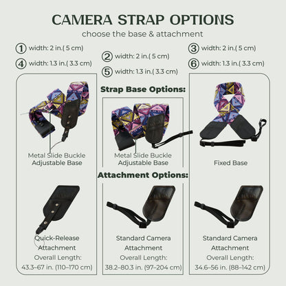An informational graphic titled 'CAMERA STRAP OPTIONS' showing six different camera strap configurations with labeled diagrams, base options, and attachment options on a light gray background.