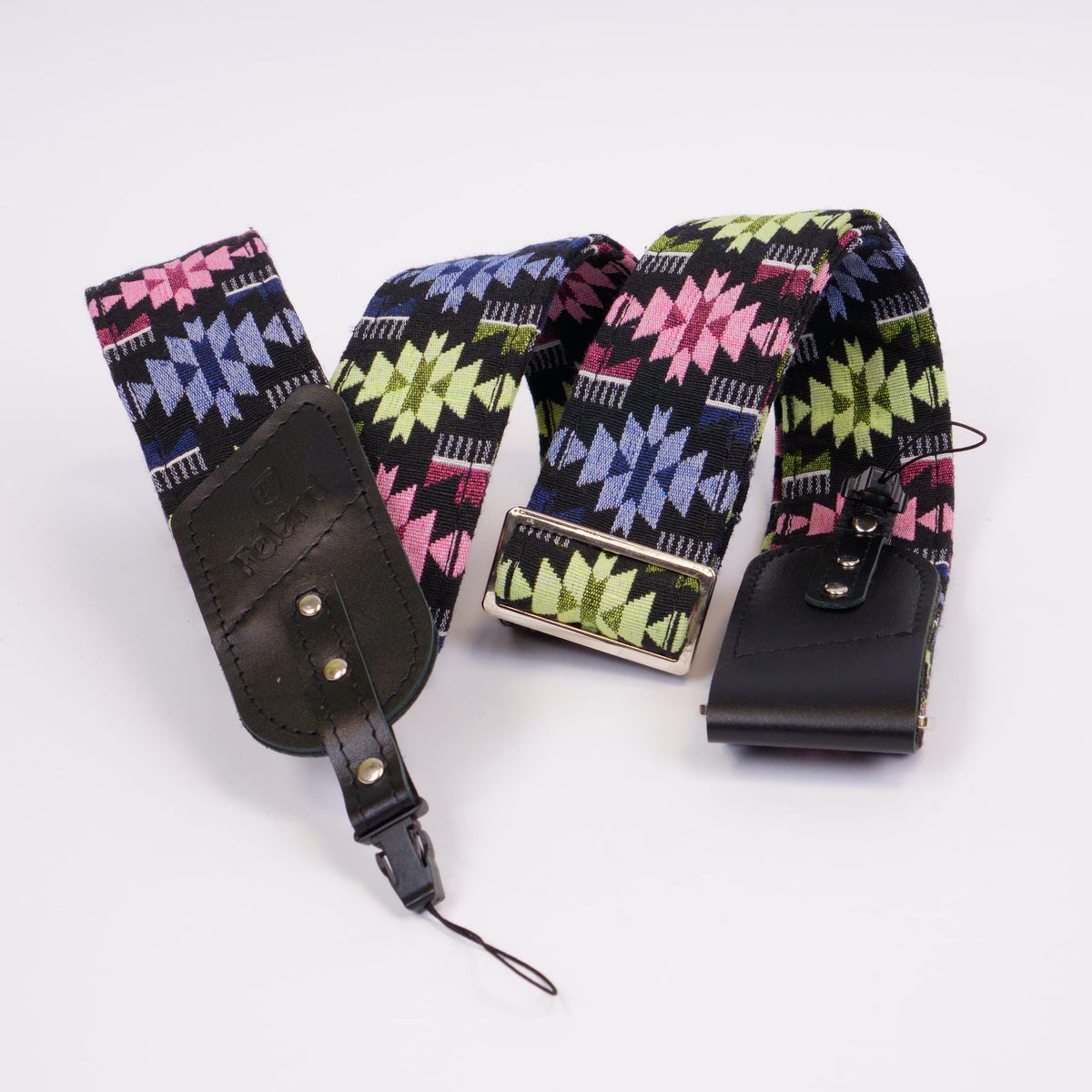 Colorful tapestry fabric and leather camera strap