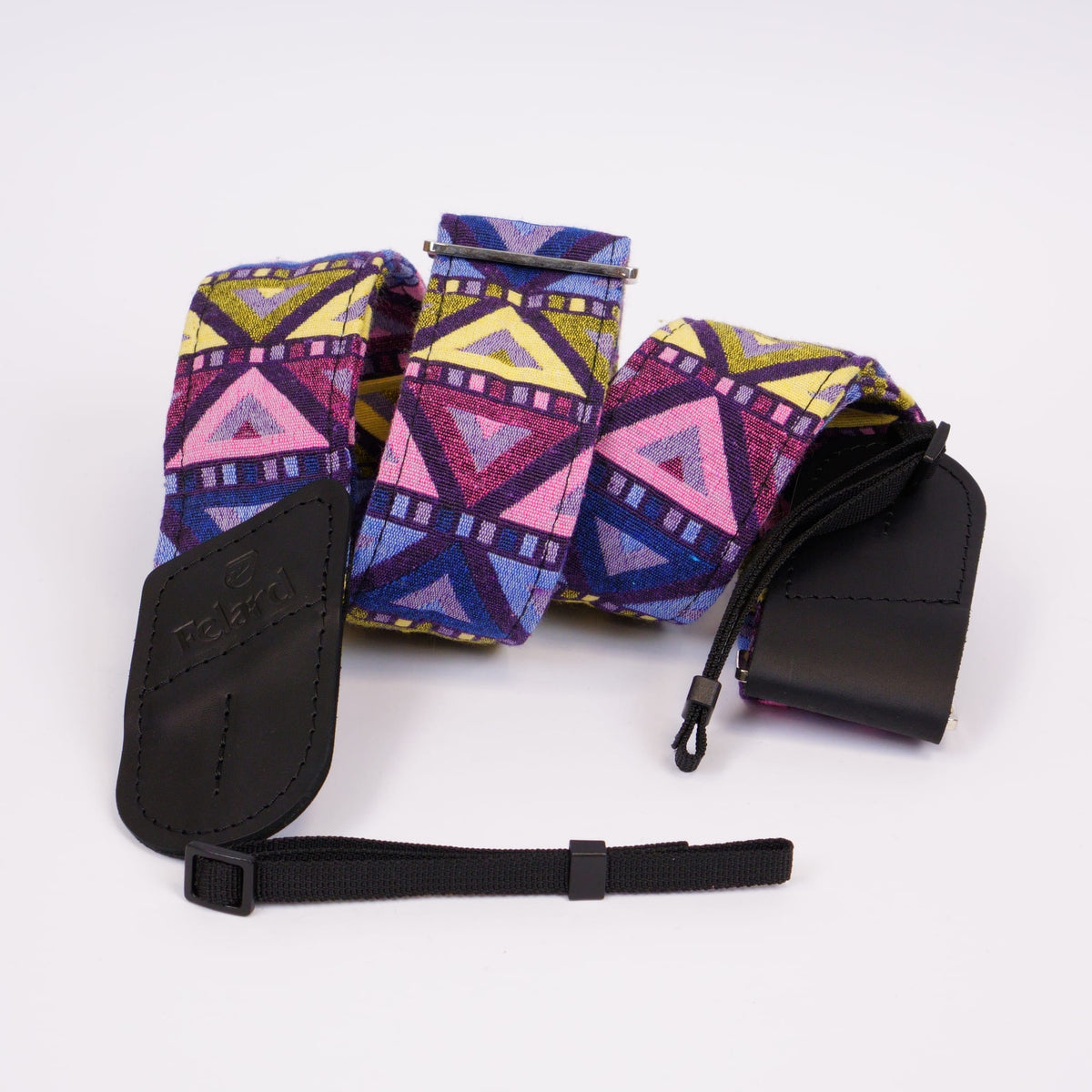 Colorful tapestry fabric and leather camera strap by Felard