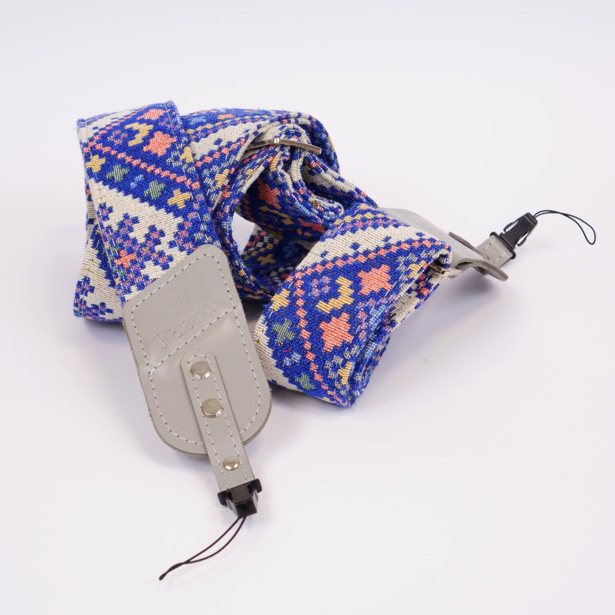 Ethno fabric and gray leather camera strap