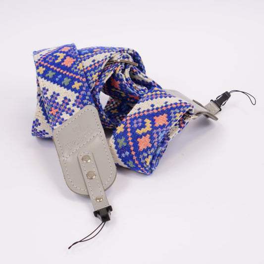 Ethno fabric and gray leather camera strap