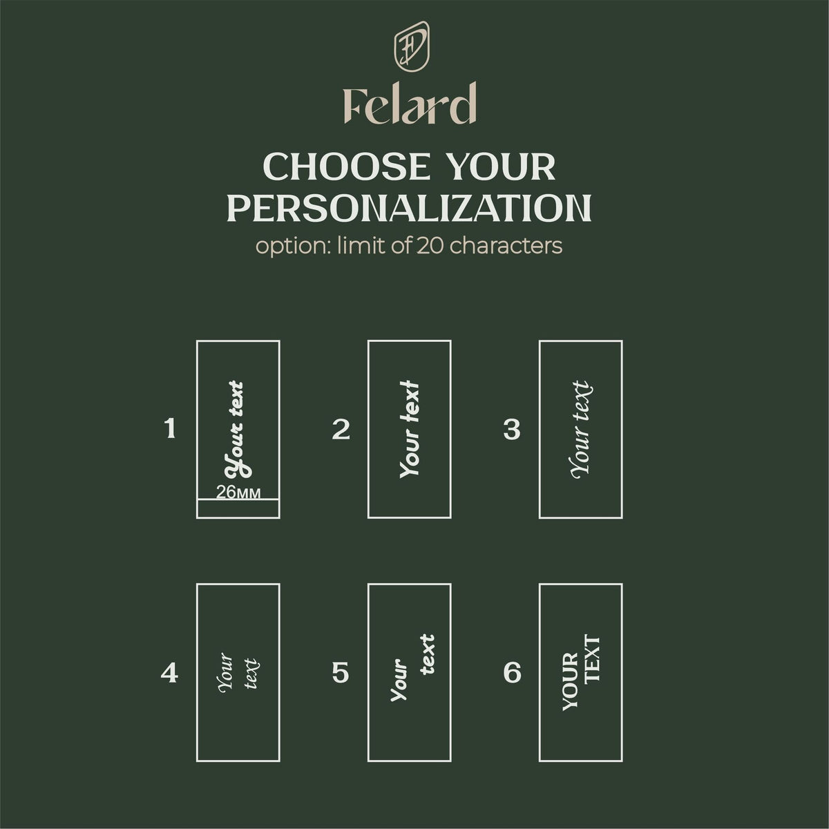 A dark green customization graphic for Fclard showing six labeled text boxes (1 through 6) with placeholder text and the message 'CHOOSE YOUR PERSONALIZATION option: limit of 20 characters'.