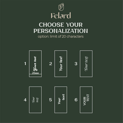 A dark green customization graphic for Fclard showing six labeled text boxes (1 through 6) with placeholder text and the message 'CHOOSE YOUR PERSONALIZATION option: limit of 20 characters'.