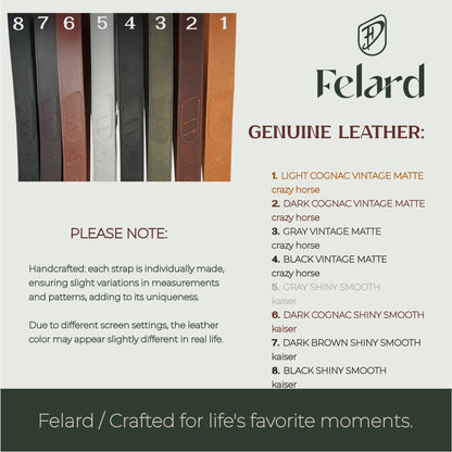 Genuine leather guitar strap color options in Crazy Horse and Kaiser leather by Felard