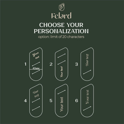 Dark green customization graphic for Felard showing six oval text placement options labeled 1 through 6 with placeholder text and the headline 'CHOOSE YOUR PERSONALIZATION'.