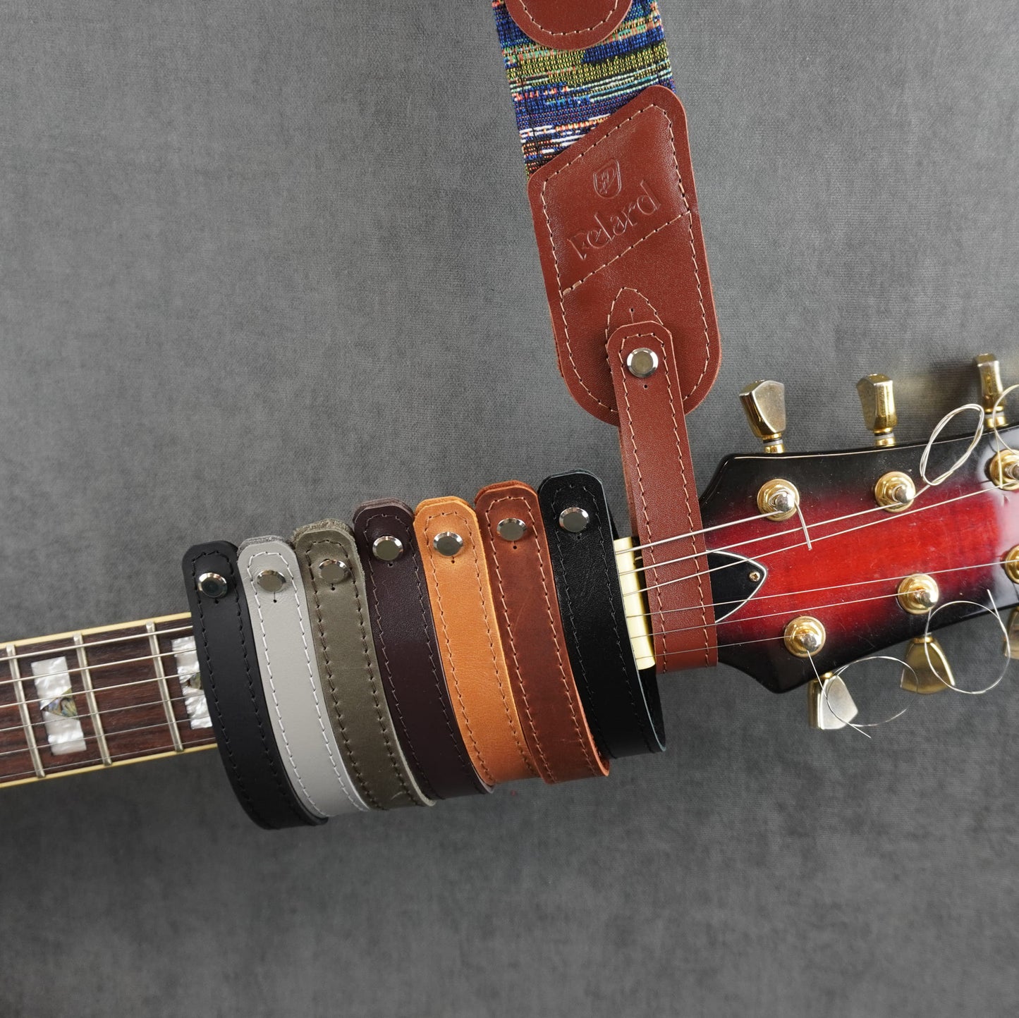 Genuine leather headstock adapter color options in Crazy Horse and Kaiser leather by Felard