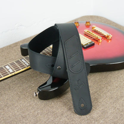Black leather guitar strap with pick holder
