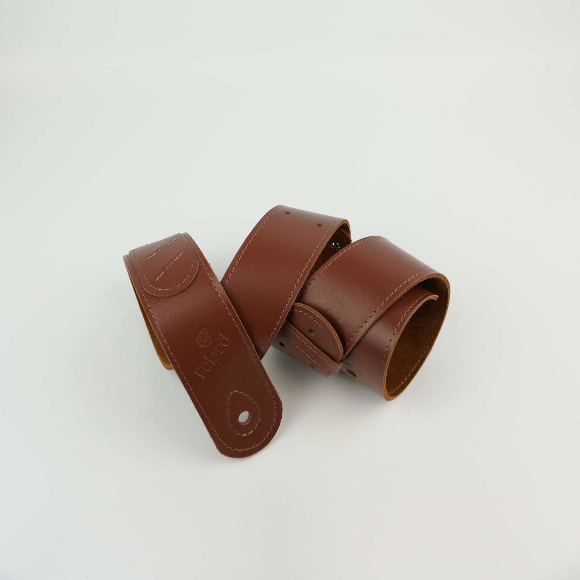 Brown adjustable leather guitar strap with picks pocket