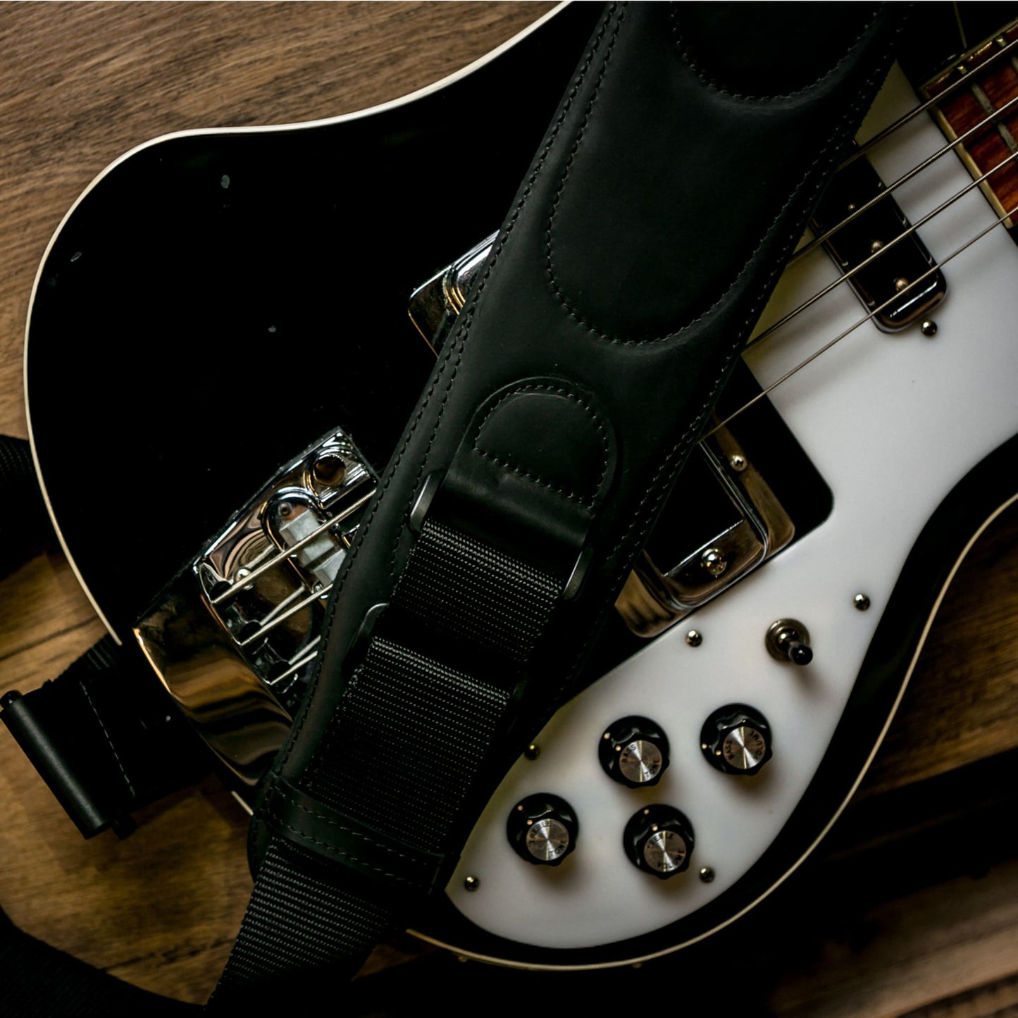 Wide Soft Padded Leather Guitar Strap - Black Matte