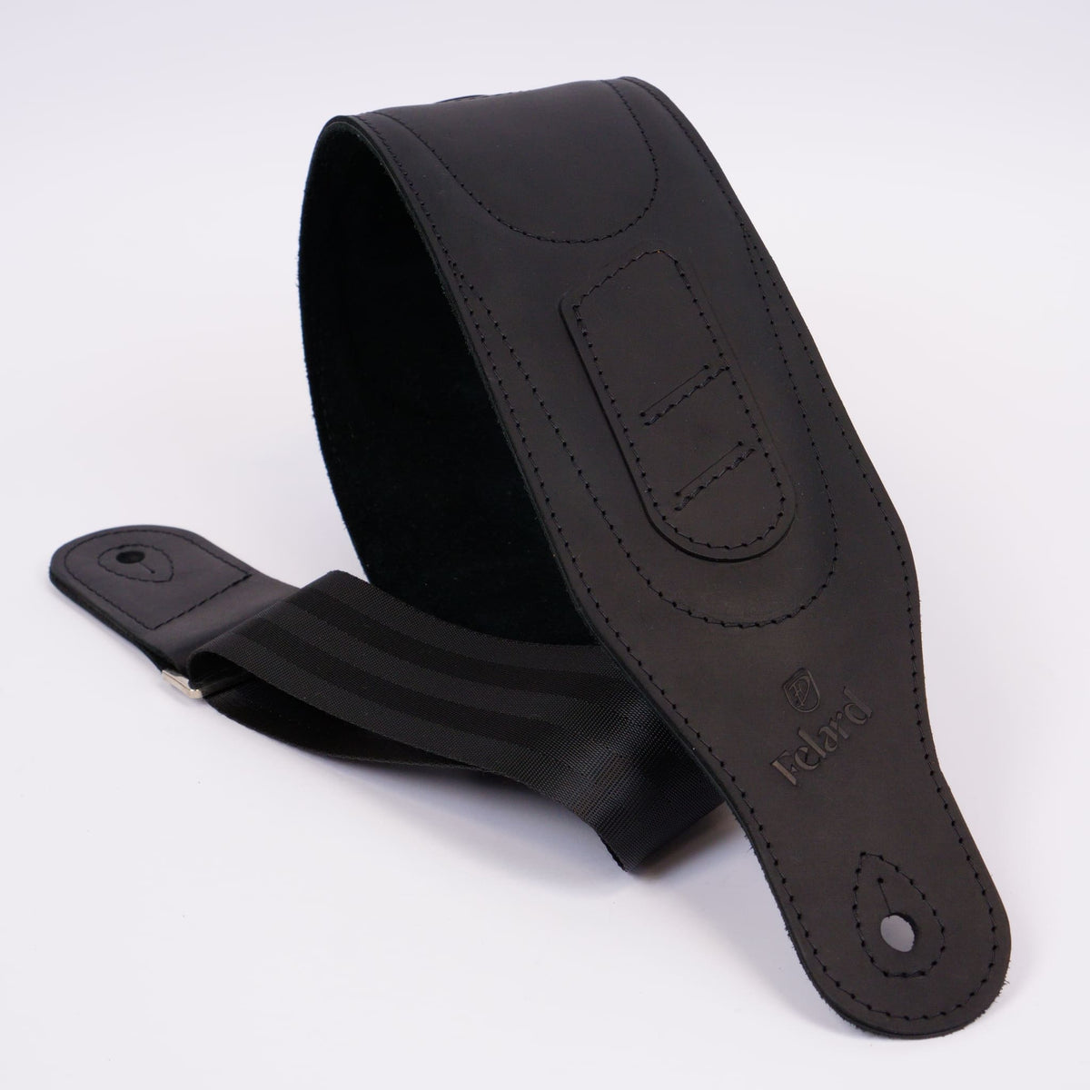 Wide black leather bass guitar strap