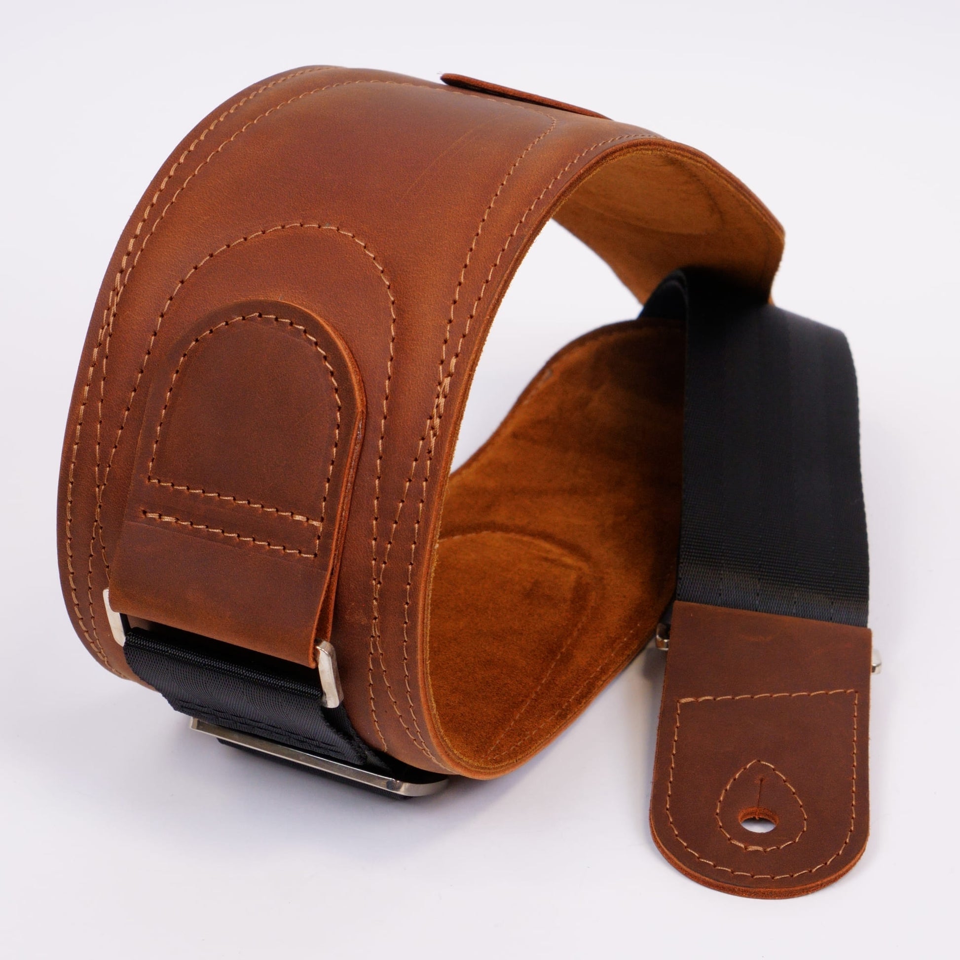 Wide brown matte leather guitar strap for electric and bass guitars