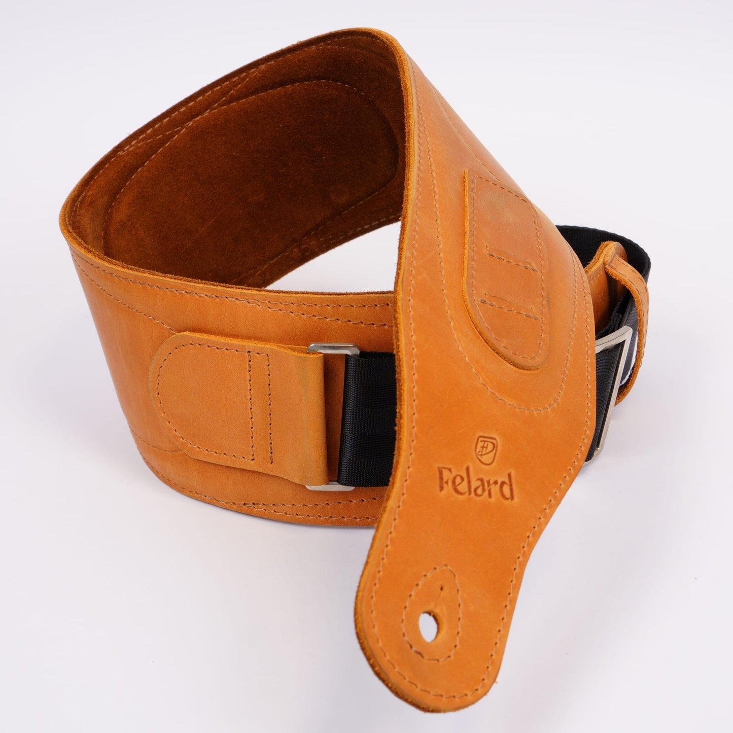 Wide tan matte leather guitar strap for electric and bass guitars