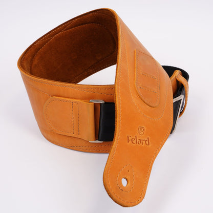 Wide tan matte leather guitar strap for electric and bass guitars