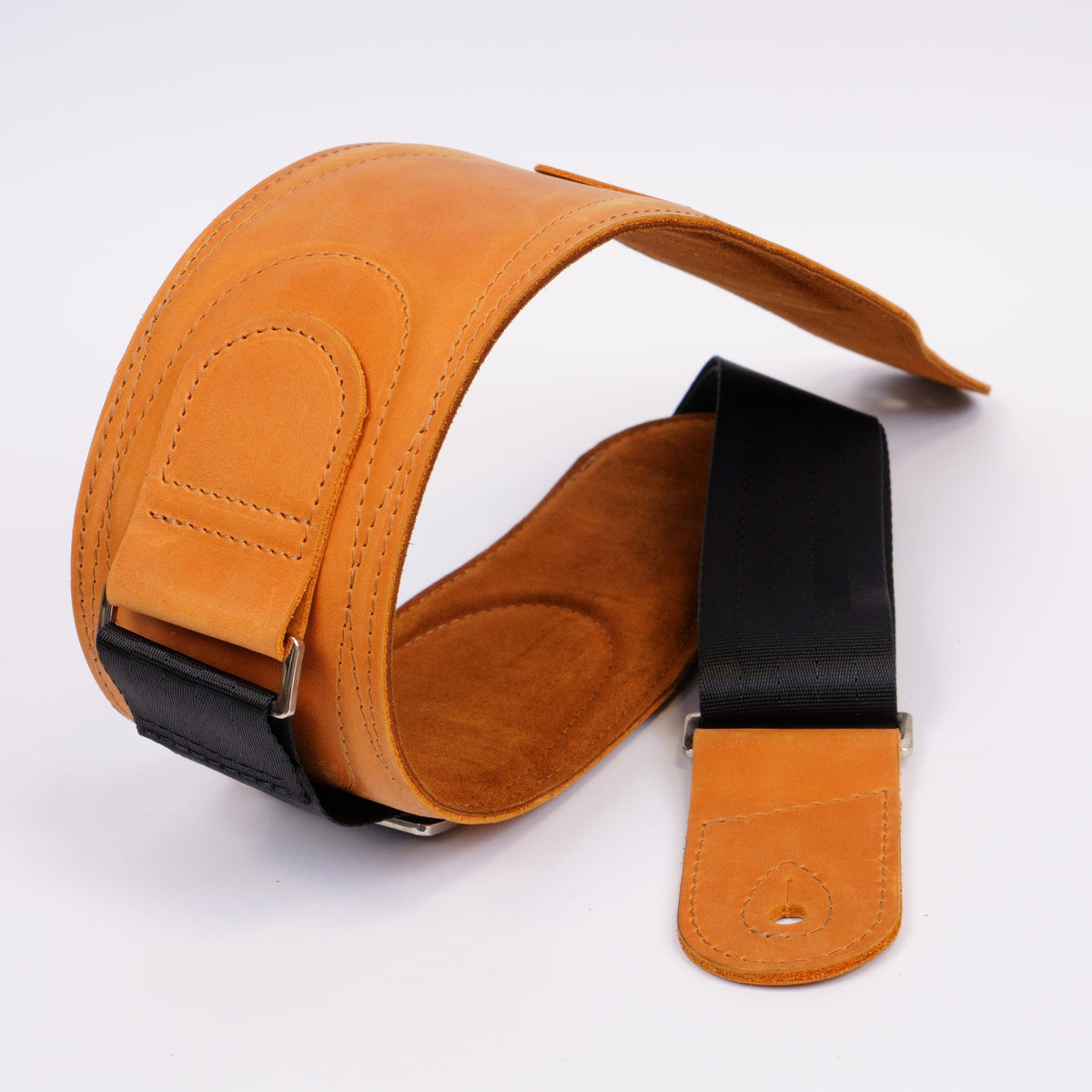 Wide tan matte leather guitar strap for electric and bass guitars