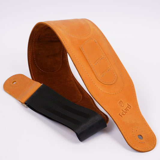Wide tan matte leather guitar strap for electric and bass guitars